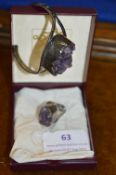 Sterling Silver Bracelet & Ring Set with Amethyst Crystals