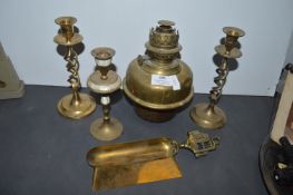 Brass Candlesticks, Oil Lamp Reservoir, etc.