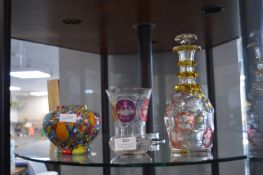 3x Coloured Glass Vases and Bottles