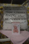 *Twinkle Twinkle Little Star Cushion, Pink Baby Blanket, and a Pink Teddy Bear Money Bank
