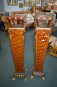 Pair of Parquetry Inlaid Plant Stands/Torchieres with Gilded Rams Head Detail