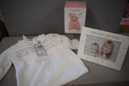 *Me & My Sister Photo Frame, Pink Teddy Money Bank, and White Baby Grow
