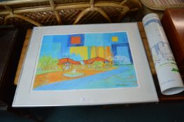 Signed Print by Julian Burrows, and a London Airport Poster