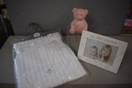 *Me & My Sister Photo Frame, Pink Teddy Money Bank, and White Baby Blanket