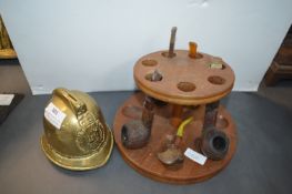 Pipe Rack with Quantity of Pipes, and a Brass Fireman’s Helmet Moneybox