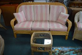 Bamboo and Wickerwork Conservatory Three Seat Sofa with Glass Topped Coffee Table