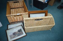 2x Wicker Baskets, and Framed Prints