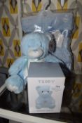 *Blue Teddy Bear, Teddy Bear Money Bank, and Baby Blanket