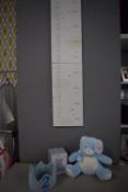 *Height Chart, Blue Teddy Bear, Blue Teddy Money Bank, and a Fabric Crown