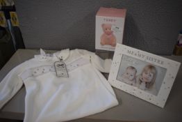 *Me & My Sister Photo Frame, Pink Teddy Money Bank, and White Baby Grow