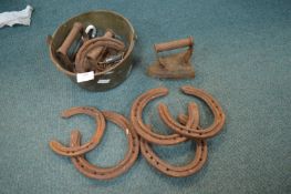 Brass Jam Pan Containing Horseshoes