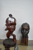 2x African Carved Wood Tribal Heads