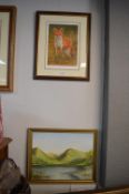 Framed & Signed Robert E. Fuller Red Fox Print, and an Oil on Board Lakeside Painting