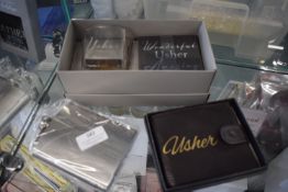 *Usher Glass & Coaster Set, Usher Wallet, and Hip Flask