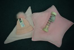 *Pink Star Cushion, Pink Baby Blanket, Pink PomPom Hat, and a Baby’s Rattle