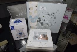 *Blue Mickey Mouse Keepsake Box, Baby Boy Teddy Bear Frame, and a Blue Teddy Money Bank