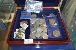 Wooden Case Containing Assorted Coinage Including 2x UK £5 Coins
