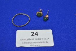 Pair of 9ct Gold & Jade Ear Studs, and 9ct Gold Ring ~1.0g gross