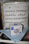*Twinkle Twinkle Little Star Cushion, Blue Baby Blanket, and a My First Piggybank