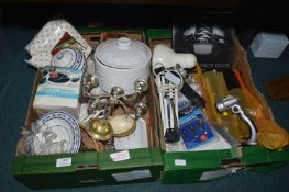 2x Boxes of Household Goods Including Desk Lamps, Pottery, Candelabra, etc.