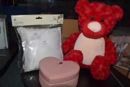 *Red Teddy, Pink Heart Shaped Jewellery Box, and Ring Cushion