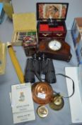 Vintage Items Including Clocks, Binoculars, and a Recorder
