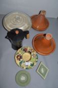 Kitchenware Including Tagines, Coffee Pot, and a Tuscan Decoro Pottery Vase