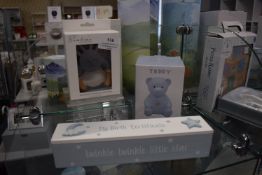 *Blue Teddy Money Bank, Silicone & Wood Teething Rings, and a Birth Certificate Holder