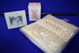 *Baby Scan Photo Frame, Grey Baby Blanket, and a Pink Teddy Moneybox