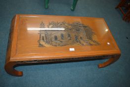 Chinese Carved Camphor Wood Glass Topped Coffee Table (matching previous lot)