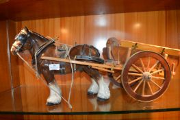 Large Pottery Shire Horse and Wooden Cart