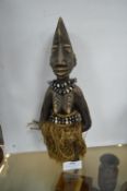 African Carved Wood Tribal Fertility Figure with Grass Skirt & Beads