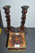 Decorative Brass Bound Box, and a Pair of Barley Twist Candlesticks
