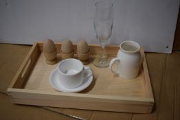 *Breakfast in Bed Set Including Wooden Tray, Cup, Egg Cups, Milk Jug, and Wine Glass