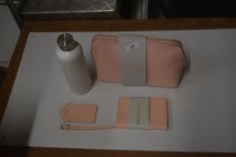 *Pink Makeup/Toiletry Bag, Travel Wallet, Travel Tag Holder, and a White Thermos Water Bottle