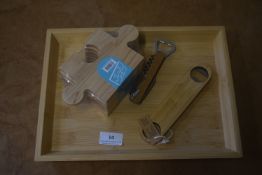 *Bamboo Tray with Bottle Opener, Corkscrew, and Jigsaw Coasters