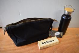 *Black Wax Canvas Toiletry Bag, Dominoes Travel Set, and a Black Thermos Flask