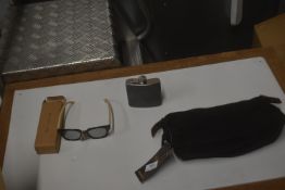 *Men’s Black Toiletry Bag, Sunglasses, and a Hip Flask