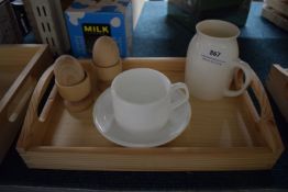 *Breakfast in Bed Set Including Wooden Tray, Cup, Egg Cups, and Milk Jug