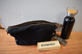 *Black Wax Canvas Toiletry Bag, Dominoes Travel Set, and a Black Thermos Flask