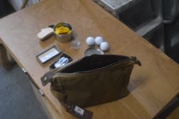 *Tan Genuine Leather Toiletry Bag with Travel Shoe Polish Kit, 3x Golf Balls, and a Golf Repair