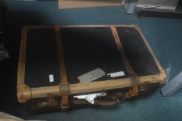 Vintage Case Containing Textiles, Embroideries and a Parasol