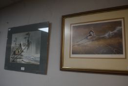 Watercolour Depicting a Tropical Storm, and a Signed Bird Print buy Robert Fuller