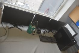 3x Monitors, 2x Computer Towers, and 1x Keyboard