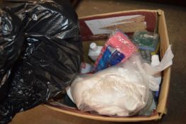 *Box of Cleaning Products Including Mops, Sponges, Bleach, etc.