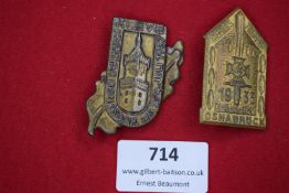 Two early NSDAP day badges: one for Kreistag Kleve, dated 3–4 July 1937, with castle tower motif;