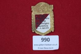 Riesa Turnverein Badge, 1929, a pressed card and gilt badge commemorating the 60th anniversary of