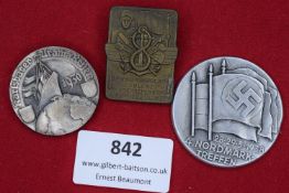 Three German badges: Karlsbader Urania Reisen 1930, Rhein Pion Battalion No.8 Koblenz 1927, and