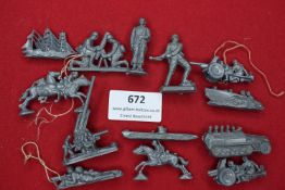 A collection of German WWII grey plastic figures including soldiers, horsemen, artillery crews,