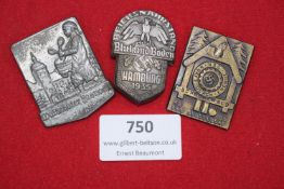 Three German event day badges comprising: rectangular Waldshuter Fasnacht festival badge, shield-